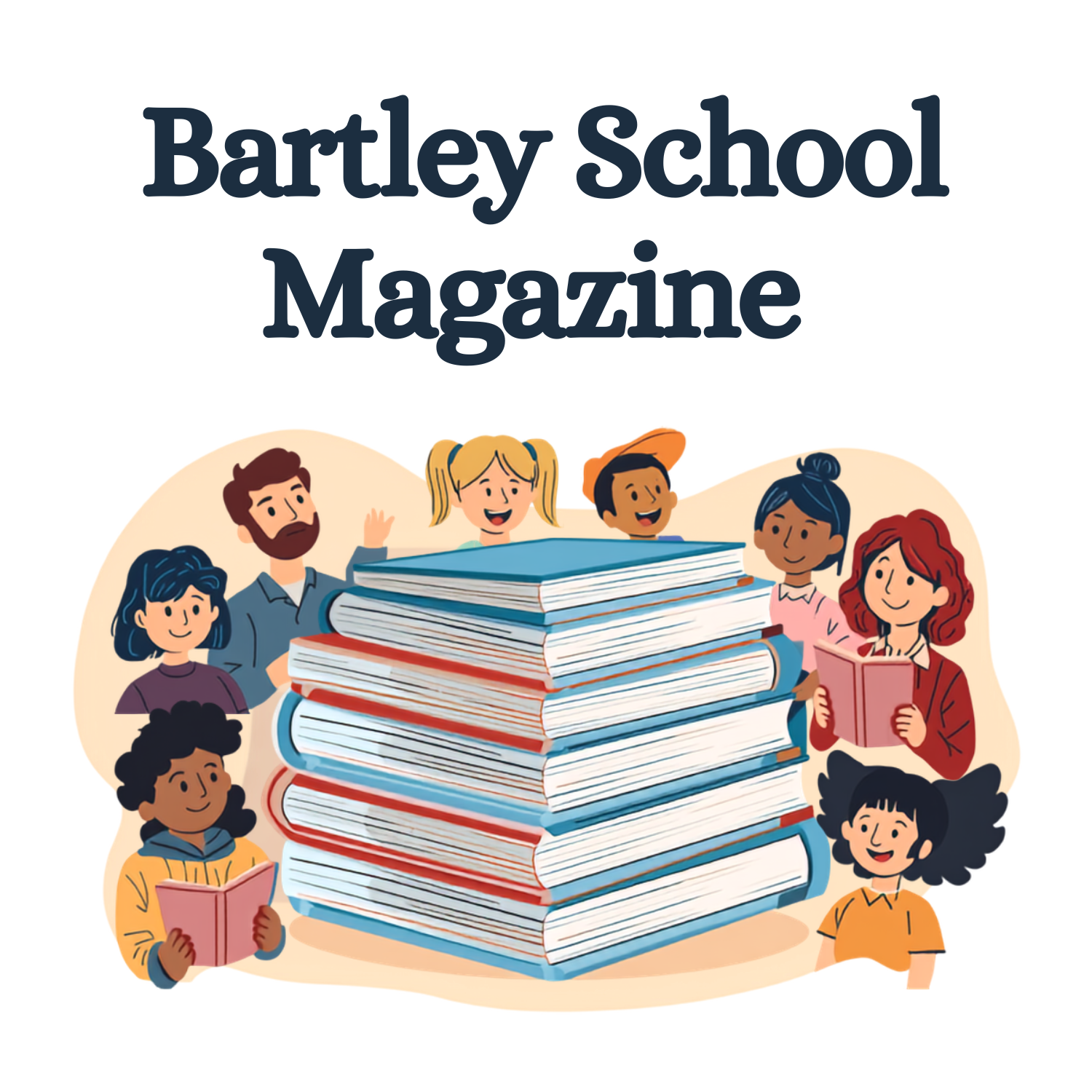 A photo of a stack of magazines surrounded by people